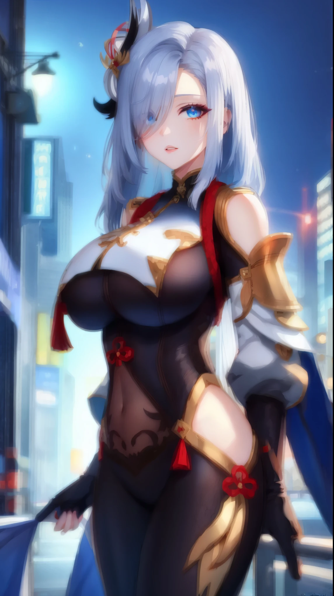 (4k,masterpiece, high resolution, best quality:2, breathtaking, ultra detailed:1.4),A cool female in the street at night,shenhe,Shenhe,1girl,shenhe \(genshin impact\),solo,hair over one eye,breasts,blue eyes,long hair,hip vent,holding,large breasts,covered navel,bodysuit,parted lips,hair ornament,looking at viewer,gloves,grey hair,breast curtain,rim light,scenery,huge filesize,Cinematic Lighting,absurdres,(masterpiece, high resolution, best quality:1.4, breathtaking, ultra detailed)