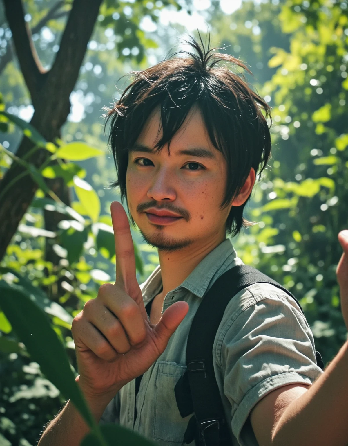 ((anime style)), Male Model,  casual outfit , forest,  natural light,  kind expression,  hair swaying like the wind , Green background,  relaxed atmosphere , Outdoor Shot, Natural body