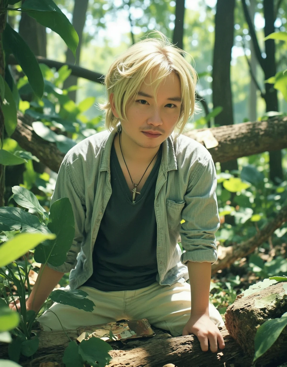 ((anime style)), Male Model,  casual outfit , forest,  natural light,  kind expression,  hair swaying like the wind , Green background,  relaxed atmosphere , Outdoor Shot, Natural body