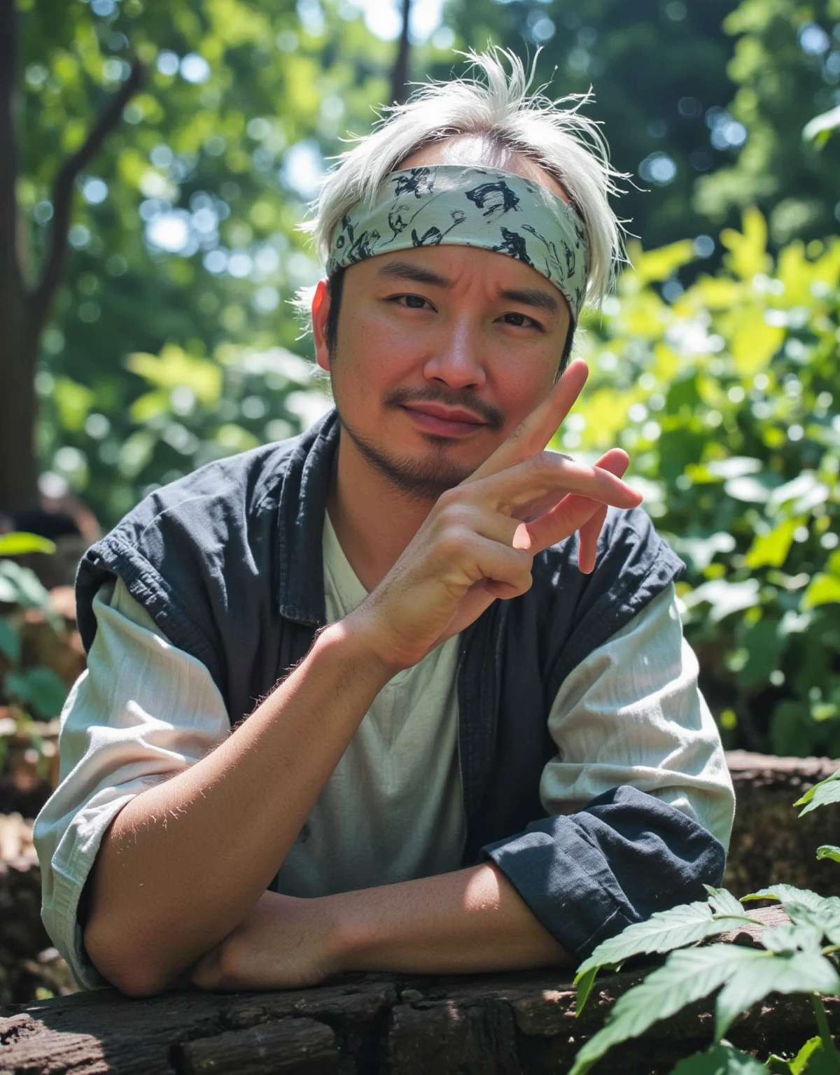 ((anime style)), Male Model,  casual outfit , forest,  natural light,  kind expression,  hair swaying like the wind , Green background,  relaxed atmosphere , Outdoor Shot, Natural body