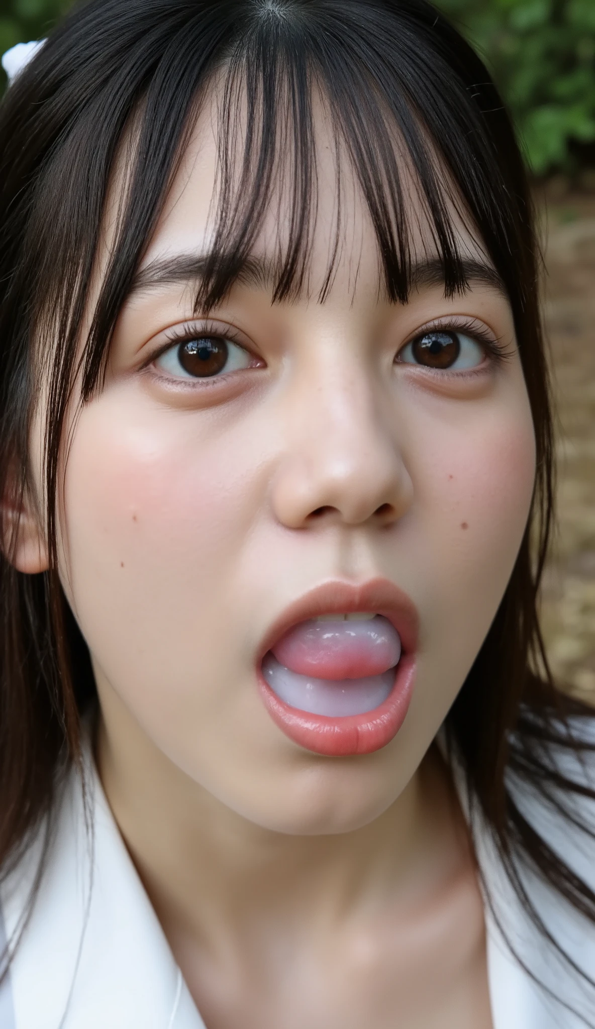 Japanese woman beautiful girl baby face top quality realistic skin eyes are in focus 20 years old stick out tongue focus on mouth open mouth long tongue saliva open mouth wide see inside of mouth open mouth and stick out tongue