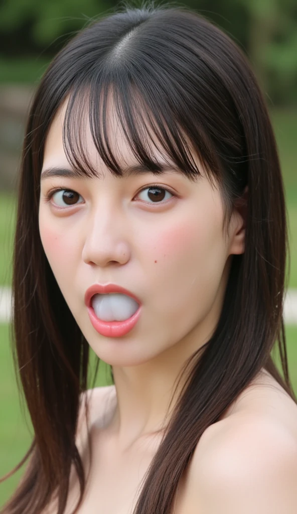 The high resolution photograph of a young Japanese woman, photo realistic, masterpiece, amazing quality, intricate details, sharp focus, professional lighting, straight long black hair with thick blunt bangs, detailed face, detailed eyes, sophisticated nose, lewdlook, (open mouth, cum in mouth), view from front, looking at the viewer, outdoors, daylight,,