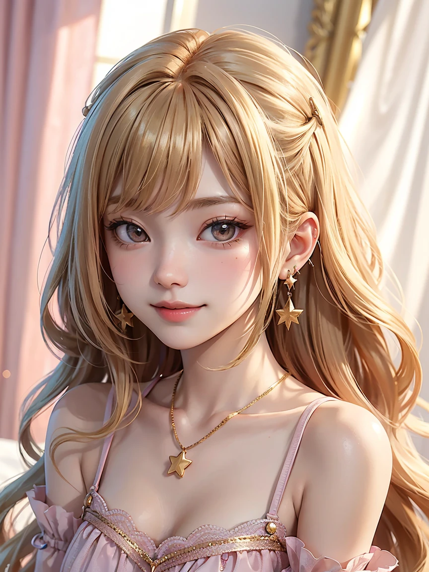 Princess , in lighting castle  , high quality, shiny, white , super quality, (detailed face:1.2), beautiful woman , golden eyes, long hair , gorgeous china dress, tiara, necklace , earring , sharpe eyebrow , beautiful bangs are covering her eyes , mega breast  ,platinum blonde hair , smile , side view 