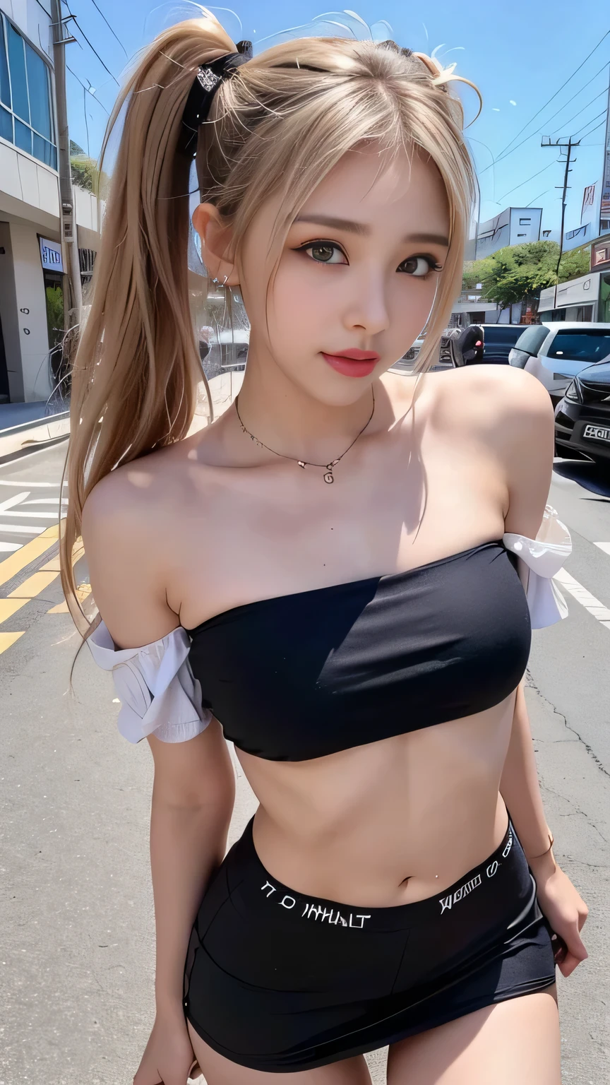 ((top-quality、8K、masterpies:1.3))、1girl in、Beautiful woman with slim abs accent:1.3、The bikini:1.2、Super Detail Face、Delicat eyes、二重まぶた、Soft breasts、facial expression of smile、Ultra exposed cleavage、full body Esbian、Pink hair、Suntan-Skin、croptop、Short jeans、20yr old、bobhair、short-cut、erotick、Sensual look、stare