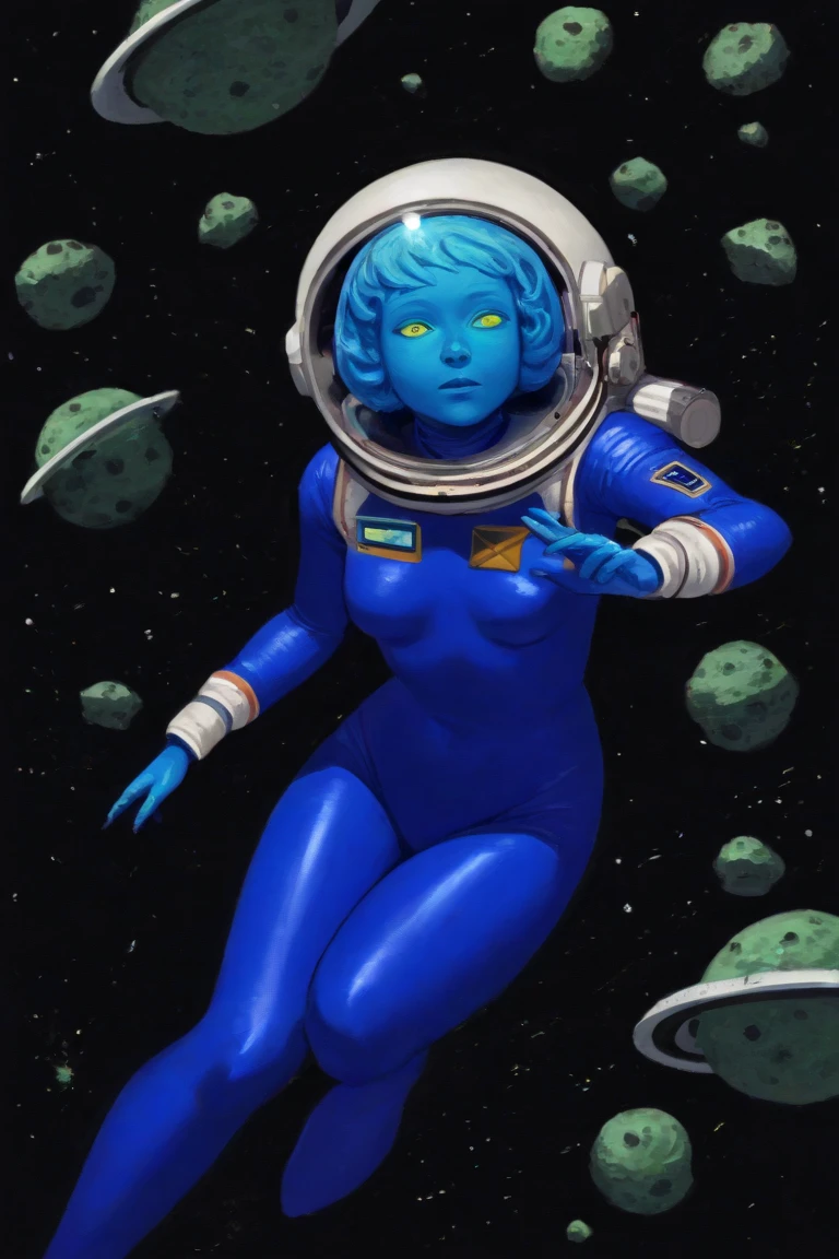 a female astronaut with a  blue skin tight suit and a dome helmet. She is floating through space with green asteroids around her. 