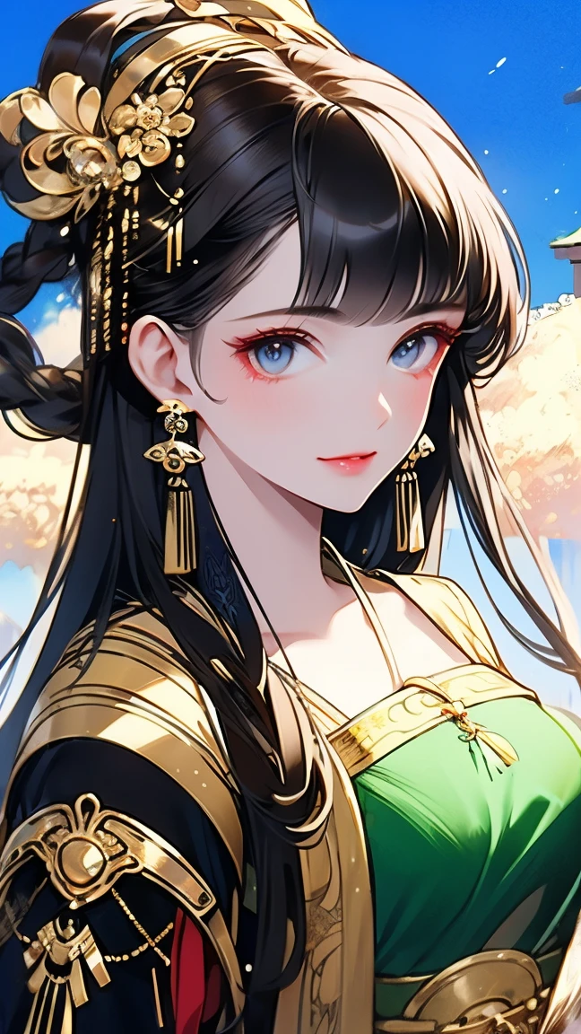 fantasy world， An Ancient Chinese Girl ， long hair, Bangs, crystal earrings，Exquisite Cheeks ， Bright Eyes ， Look up at the sky， Wearing an Ancient Chinese Dress，