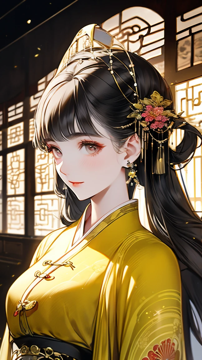 fantasy world， An Ancient Chinese Girl ， long hair, Bangs, crystal earrings，Exquisite Cheeks ， Bright Eyes ， Look up at the sky， Wearing an Ancient Chinese Dress，