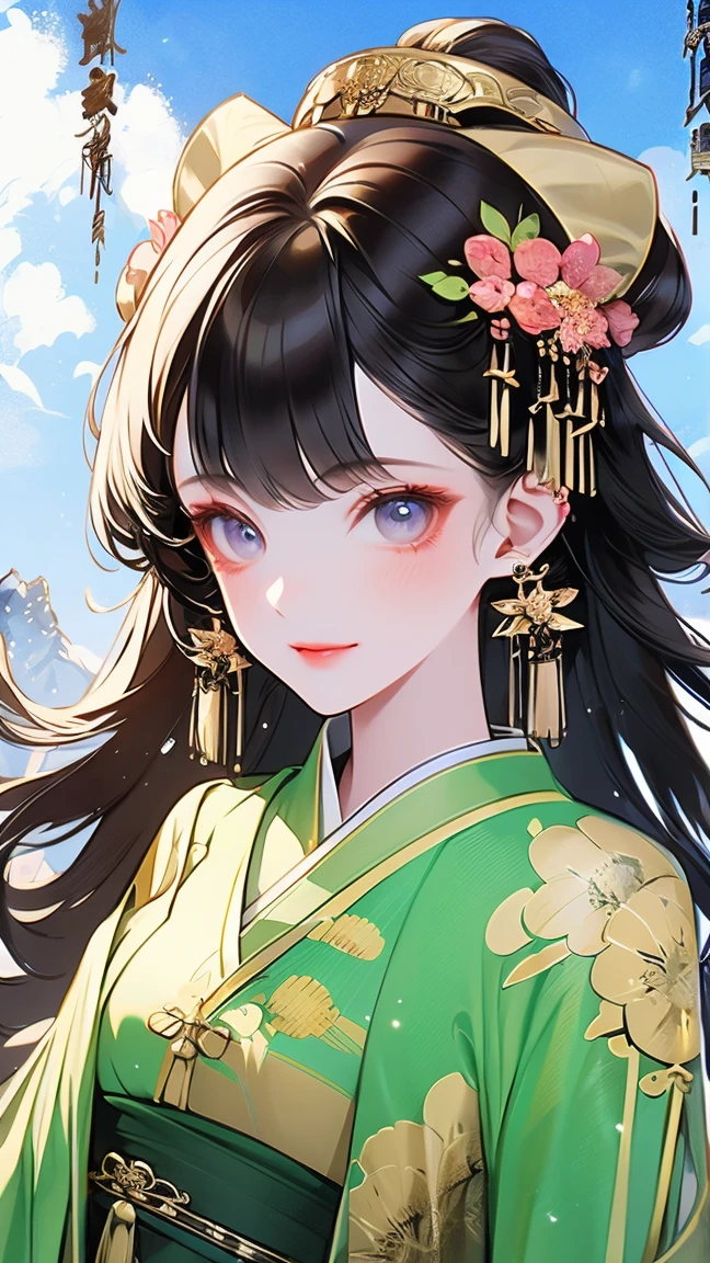 fantasy world， An Ancient Chinese Girl ， long hair, Bangs, crystal earrings，Exquisite Cheeks ， Bright Eyes ， Look up at the sky， Wearing an Ancient Chinese Dress，