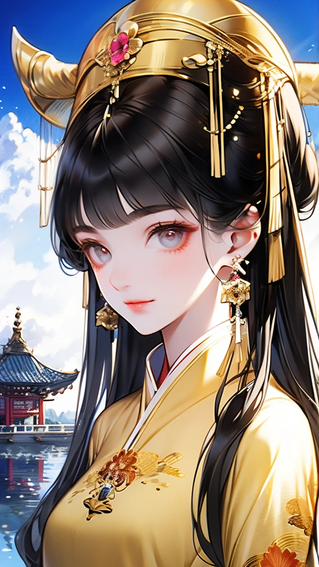 fantasy world， An Ancient Chinese Girl ， long hair, Bangs, crystal earrings，Exquisite Cheeks ， Bright Eyes ， Look up at the sky， Wearing an Ancient Chinese Dress，