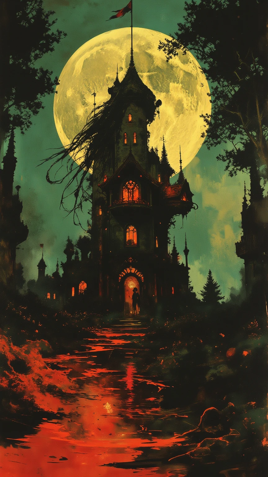  Ultra wide angle,  realistic gothic architecture castle background , Death Lady,  25-year-old young woman ,  her hair flows like water ,  Victorian costume with red and gold details,  black ink flowing - 8k resolution realistic masterpiece , Detailed,  Background is full moon , painting: Acrylic Fiber: Colorful watercolor,  Movie Theater, minimalist photo illustration:  for Martin Bobzert : 8K resolution concept art, Detailed, Complex, Elegant, Expansive,  psychedelic fantasy realism ,  in the abyss of the Imperial Manor , night, Blood Moon, building, Reflection