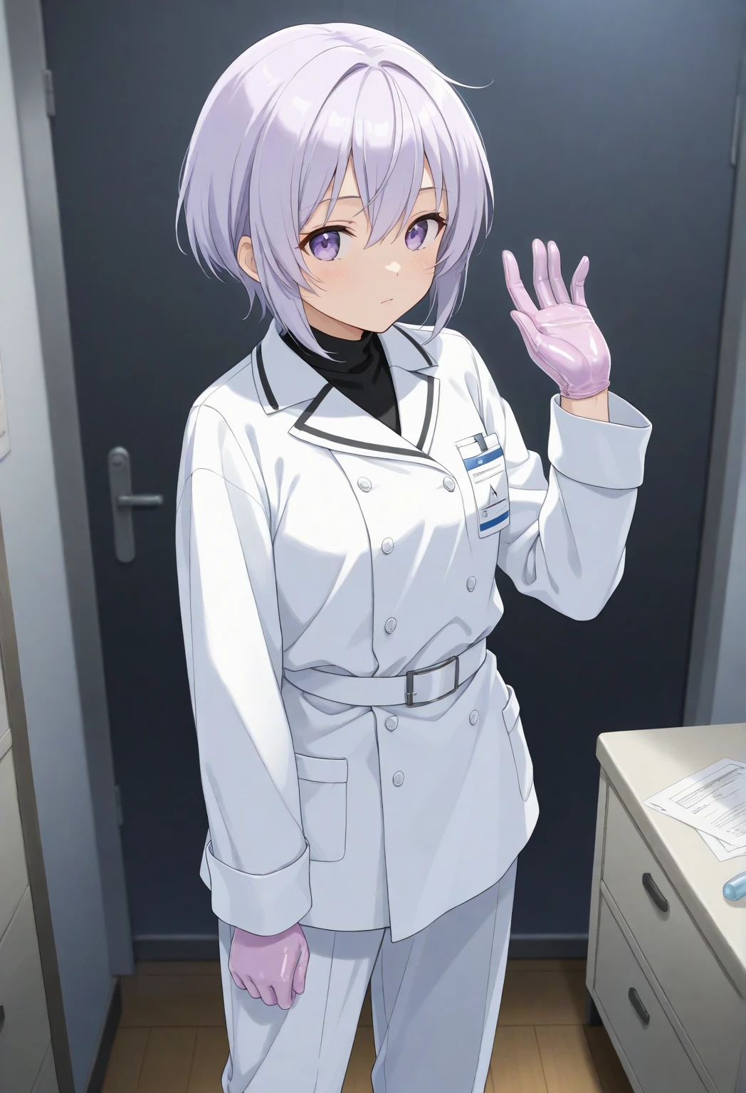 one girl, anime, [ short hair ], [Doctor Clothes ], [operating], ((light purple gloves)), (( Surgical Gloves)), (( latex gloves )),  other clothing is not made of latex, (( Long Sleeve )), [ Operating Room],  is standing, てのひらを合わせている