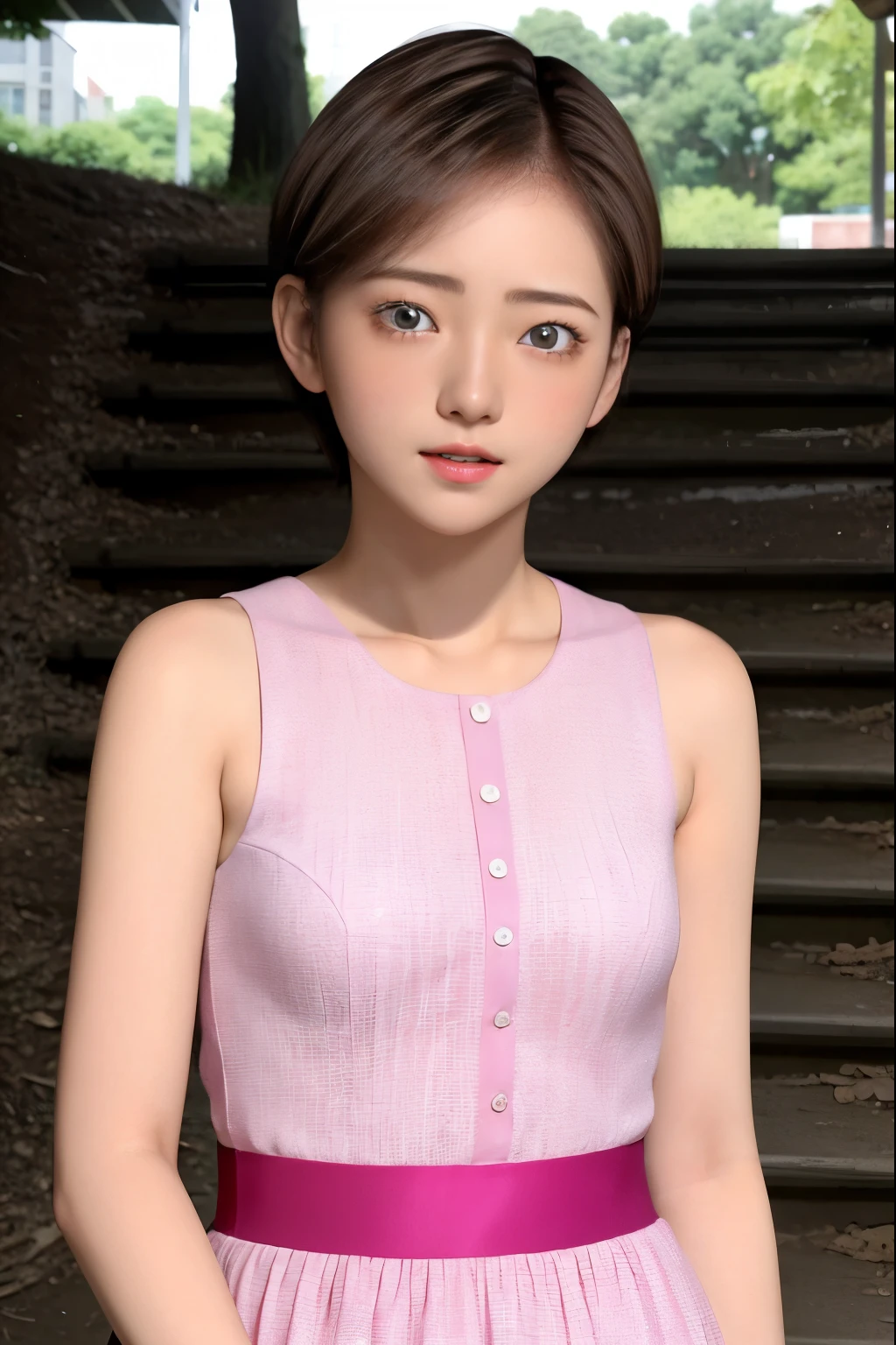 (Chestnut Hair、 short cut hair)、Deep, bright eyes 、( pink dress)、 white skin so you can fall out 、 an impeccable young lady no matter where you look at it、・・・22Year-old female college student、