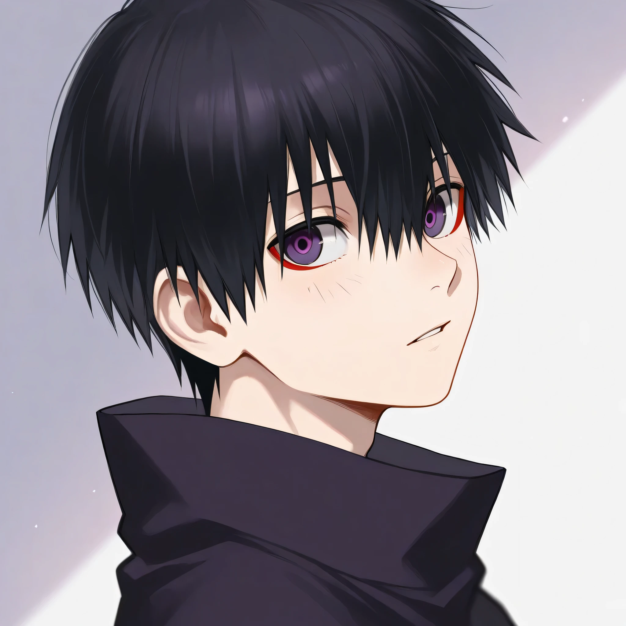 a male character that is a combination of the appearance of "Kaneki Ken" mixed with "sasuke uchiha" who has purple eyes and hair