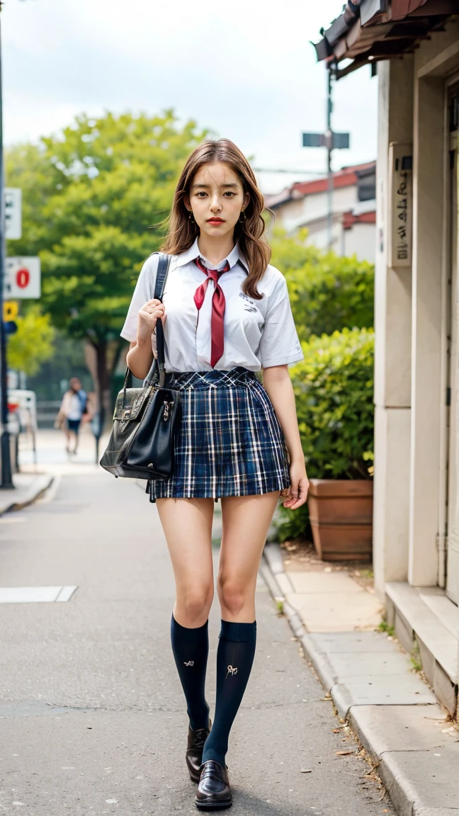 a beautiful 18 year old Japanese high school girl with perfect anatomy, healthy thighs, beautiful legs, beautiful skin, random hair color and style, large breasts, (wearing a Japanese schoolgirl uniform:1.3), (she is standing:1.2), penny loafers, holding a student bag, full body shot, standing on a city street, (best quality,4k,8k,highres,masterpiece:1.3),(extremely detailed:1.2), photorealistic, ultra-detailed, vivid colors, studio lighting, professional