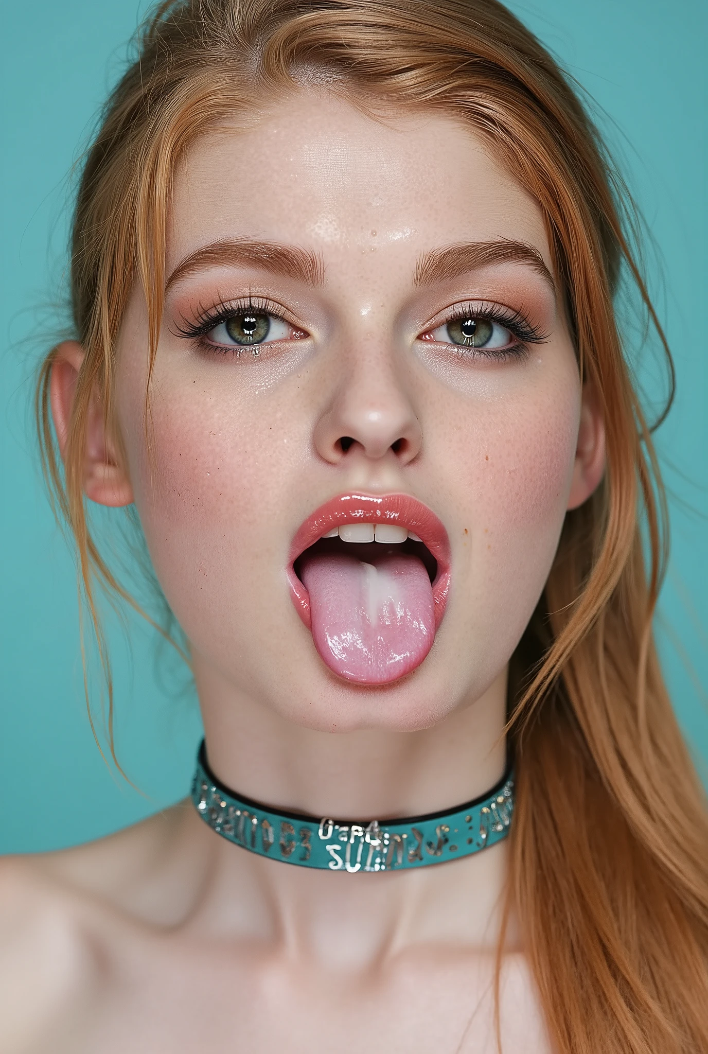 Beautiful albino girl with bright blue eyes, long straigt ginger hair with a ponytail bind up, light turqouse plane background , porcelain skin , (Thick turqouse leather choker with silver text "Daddys SLUT"), Cumface teen with lots of white, sticky, wet, Here Mouth is slitly open and she got Cum in here mouth, white transucent cum all over here face, (Cum on face), Cum on forehead, Dripping cum, Ultra detaild skin, photo ultra-realistic, hyper-detailed , Vogue photo shoot , cinematic, big limps with glossy pink lipstick