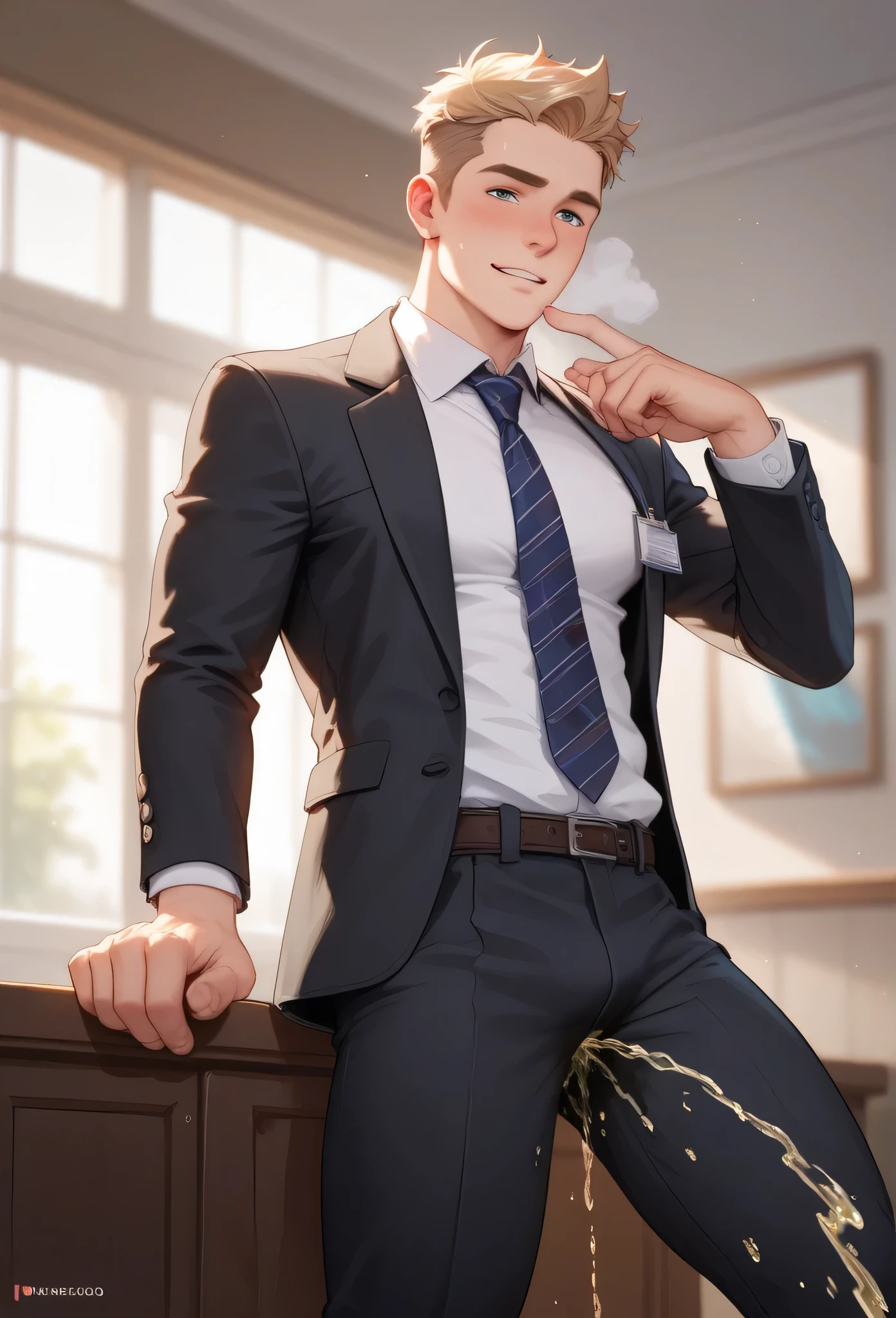 best quality, masterpiece, nude handsome man with medium length curtain hairstyle, skinny build, cute round face, glasses, black suit, exposed torso, grabs his own breasts, embarrassed expression, bushy pubic hair, small flaccid uncut penis, excessive dripping precum, loose tie around his neck, sits on table in dimly lit luxurious office, at night, backlight, cinematic lighting, dramatic shadows