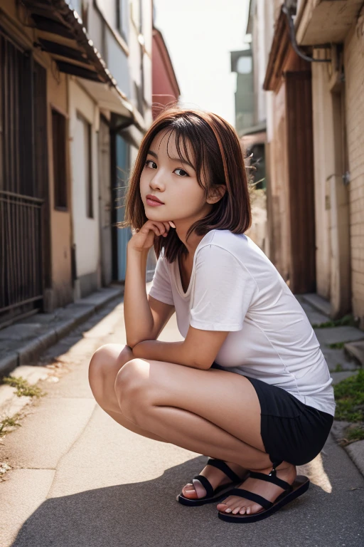 ((highest quality, 8k, masterpiece: 1.3)), women (wearing white t-shirt, full body portrait, (slouch: 1.3), squatting, (from top: 1.2), (close-up: 1.4), subjective, loose T-shirt, big breasts, (beautiful nipple slip: 0.9), inside_sauna: 1.3), background is brick wall, drenched body, wet T-shirt, Overhead camera, sharp focus: 1.2, cute woman: 1.4, (((brown-haired, short bob)), very detailed face and skin and hair texture, wet texture hair, wet body, wet hair, shiny skin, detailed eyes, double eyelids, beautiful delicate nose, cute young Japan woman, 27 years old, dynamic angle, It is a composition pleasing to the eye and thought-provoking while emphasizing the subject's hair, eyes, mouth and action, while exuding sensual emotions characterized by a contrasting mix of muted tones and light and shadow.