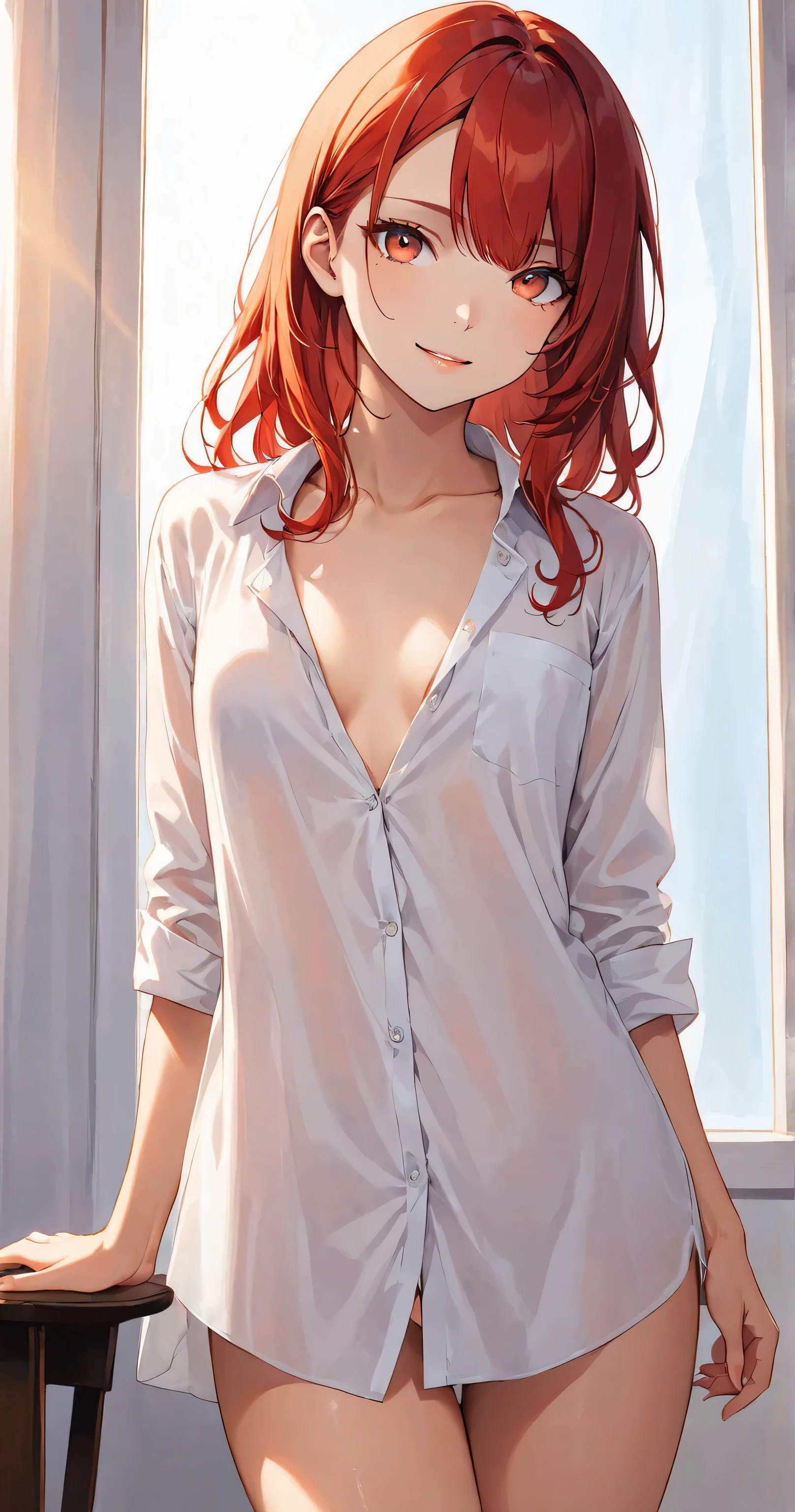 A full-body portrait of a girl in an oversized white shirt, standing in a softly lit room with sunlight streaming through a window. She has medium-length vermilion red hair with soft waves, a gentle yet confident smile, and is looking straight at the viewer. The shirt is slightly unbuttoned with casual folds at the hem, and her sleeves are rolled up for a relaxed yet refined look. She stands barefoot, with a graceful posture, her physique subtly balanced between slender and soft.
Backlit lighting (1.5), soft glow, translucent fabric effect (1.5), subtle body lines visible through shirt in a tasteful way (1.5), dramatic interplay of light and shadow, enhanced silhouette. soft lighting with slight warmth.
Perfect anatomy (1.8), 1girl, masterpiece, best quality, ultra-detailed, 8k resolution, sharp focus, crisp details, vibrant details, 2D anime style,
Proportionate body with a balanced build, long legs (1.5), eight heads tall, harmonious full-body proportions emphasized.
Mature facial features, elegant face, refined beauty, beautiful face (1.5), detailed face (1.3), long eyelashes (1.1), slant eyes (1.2),
Oversized white shirt (1.4), rolled-up sleeves, slightly unbuttoned shirt, shirt overhang (1.4),
Well-Defined Facial Features,
Looking at viewer,
bewitching (1.9), gentle smile (1.1), waiting for a kiss (1.3), half-open eyes (1.7), youthful charm, confident yet innocent expression,
full-body, front view, tighter framing (1.4),
full bust(1.3), cleavage(1.3), delicate lace lingerie under dress shirt(1.3),