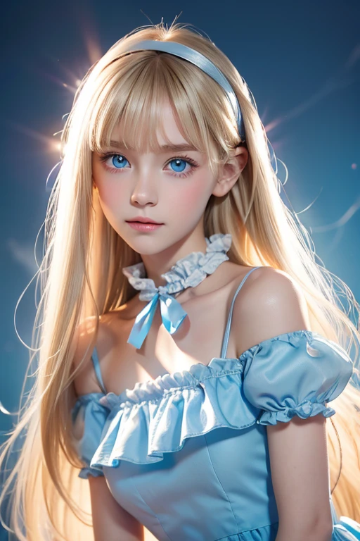 masterpiece, HD best quality, Starsnits90, Greg Rutkowski,Wearing a white ruffle satin dress with puffy short chiffon white sleeves. IS A girl with A white circular pendant with blue small crystals attached to the circular edges of the pendant is inserted in her long white hair. A long blue satin sash is around her waist. Big blue Eyes((smiling)) around her neck is a matching pendant attached to a silver glistening chain