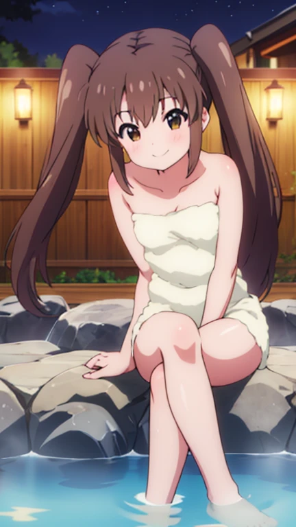 mikanyuuki, mikan yuuki, (brown eyes:1.7), brown hair, hair ornament, hair scrunchie, long hair, pink scrunchie, scrunchie, (flat chest:1.2), masterpiece, best quality, haruna, 1gir,BREAK medium breasts, crossed legs, sitting, looking at the viewer, onsen, stone, night, blush, smile, sitting BREAK medium breasts, crossed legs, sitting, looking at the viewer, onsen, stone, night,armpits,cowboy shot、from above,looking at viewer,exposured skin, raw skin,exposure,towel on body