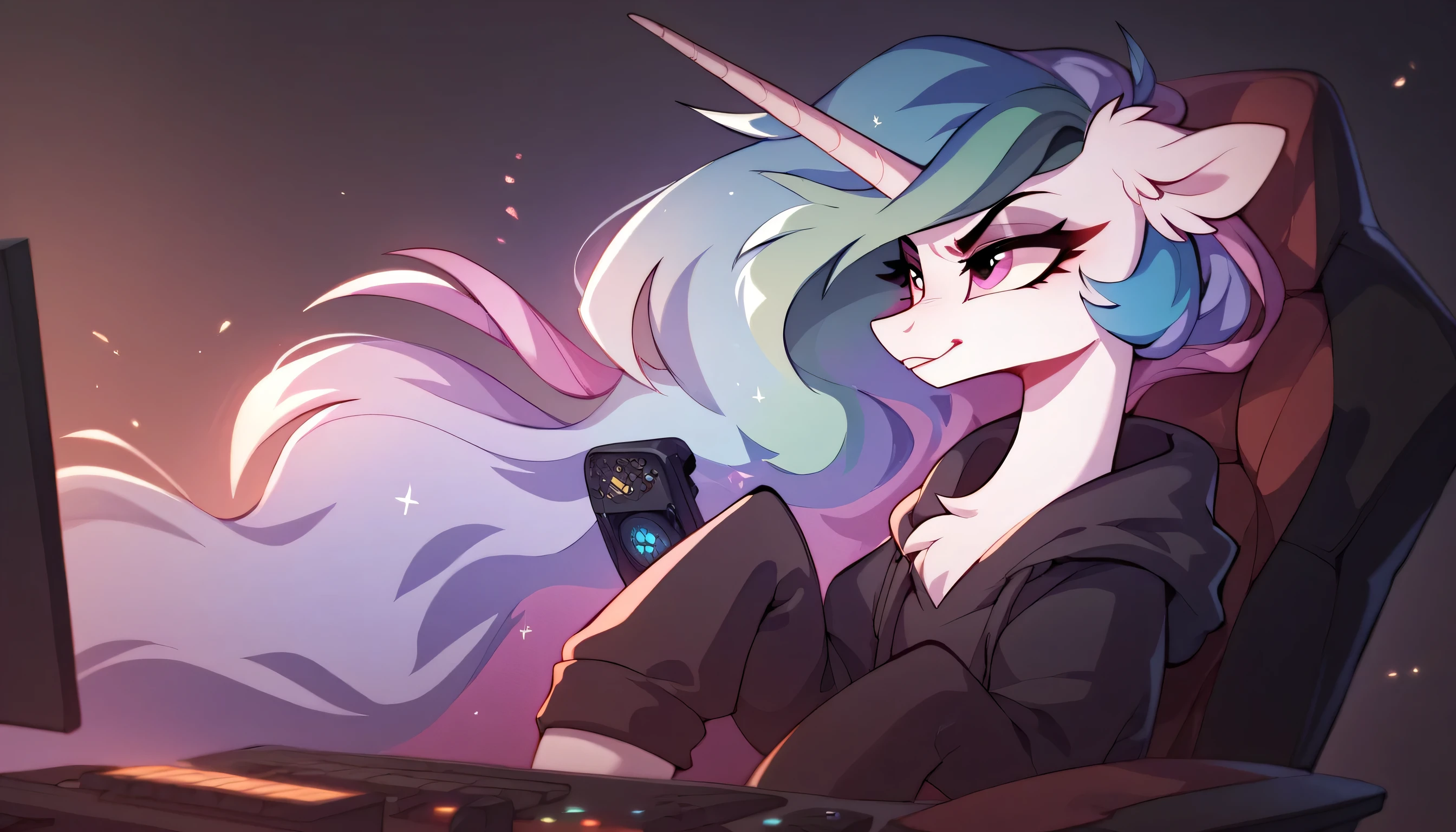 Score_9, Score_8_up, Score_7_up, Score_6_up, a serious unicorn alicorn, gamer of Princess Celestia from My Little Pony, depicted in a dark hoodie playing in a gaming chair looking at a screen where there are numbers that are 2025 with her back turned, where she is playing to the legendary 2D Geometry Dash game. Celestia's mane flows in a wavy pattern of pastel colors, with shades of blue, green, purple, and violet mixing with each other. She has her back to the frame with a neon gaming headset looking at the screen where she plays with a spoiled expression. The stage is a room. full body