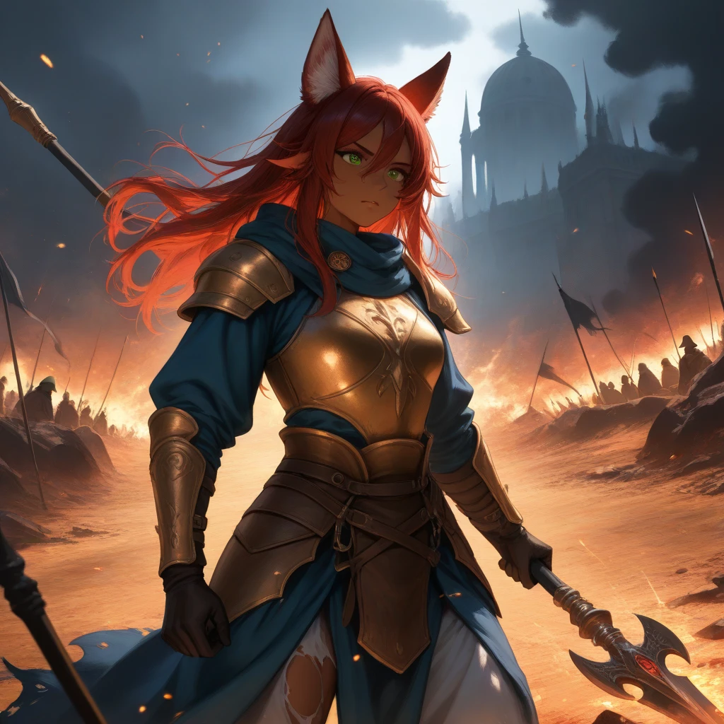 Young Kemono Elf Man Half Beast, Your hair and fur are red,  fighting in the middle of a plain,  her clothes are torn and her armor in pieces ,  her expression is fierce and her eyes are serious ,  in her left hand she holds an impressive spear with a long blue fabric that wraps around it,  her other hand is in a claw shape ,  her red hair wobbles in the wind ,  dark skin under the red fur , deep green eyes , iris feral,  animal ears ,  Wolf ears ,  body hair , Alone,  Battlefield,  magic and shadows in the background ,  long hair , by the bodies, Alone, 1 man. humanoid face.