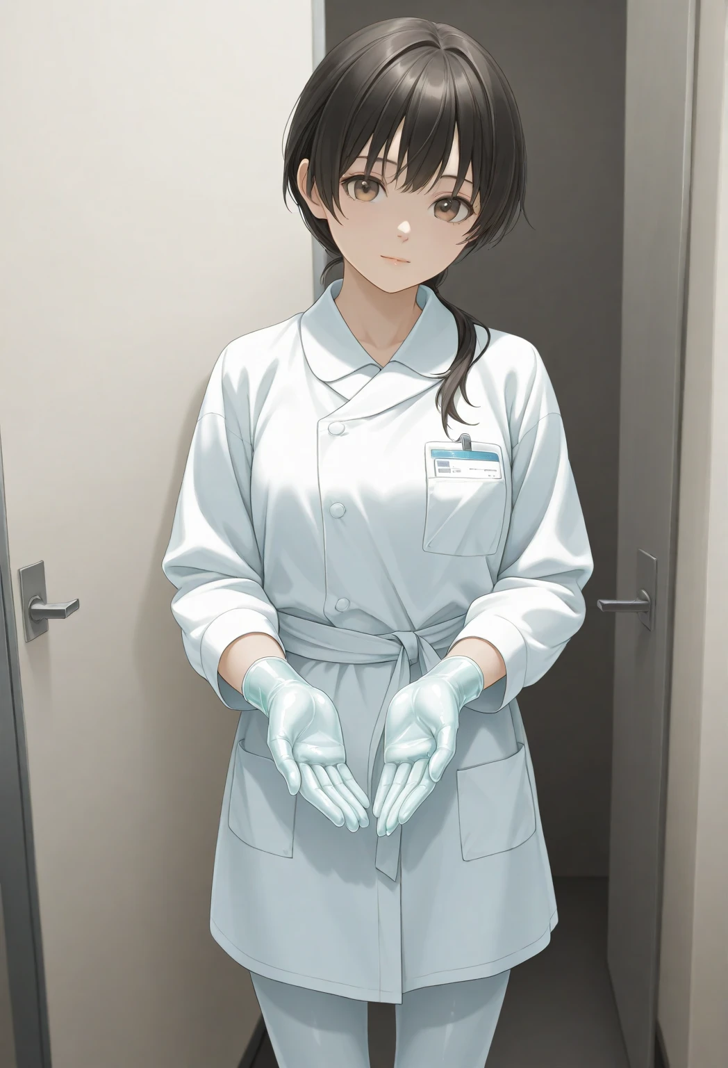 1 girl, anime, ((surgical outfit)), ((tight surgical gloves)), (( cream color latex gloves )), ( Long Sleeve ), both hands open and raised towards viewer, is standing, Alone, Realistic physique, anatomically correct fingers, correct finger count