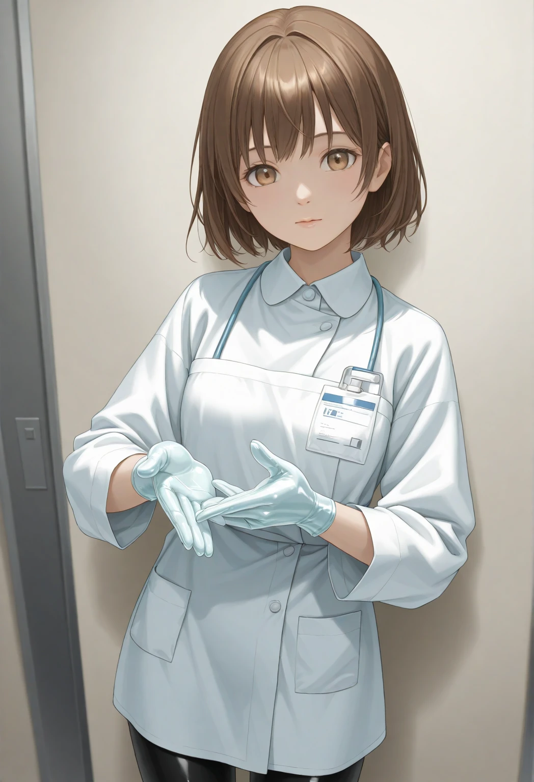 1 girl, anime, ((surgical outfit)), ((tight surgical gloves)), (( cream color latex gloves )), ( Long Sleeve ), both hands open and raised towards viewer, is standing, Alone, Realistic physique, anatomically correct fingers, correct finger count