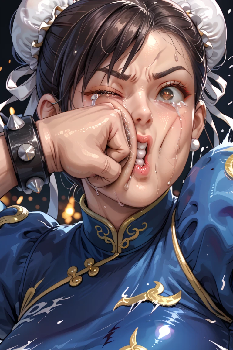 ((solo)),portrait,pov,(1girl),nsfw, (High quality, Ultra detailed, best quality, insanely detailed, beautiful),8K,anime,toxic art,(((she is brutally knocked on the face:1.3))), (((monstrous men punching her cheek:1.2))), (((knocked in the face))), (((assaulted))), pain, (((her cheek is deformed by the violent impact:1.3))), (her chin is deformed by the impact),(((strangled woman view:1.17))), (scratch on face or breast),(Are Are crying, Weak and tired eyes, tears: 1.2),( Bruises or blood on the face or body, Blood flowing from the head and face, Bodily injury or injury, Wounds and cuts, Bleeding lips: 1.2), (Tattered clothes: 1.2), Bloodstains on clothes,(((torn clothes))), (((exposed naked breasts))), (((fast strangling movement effect:1.2))),break,(((chun-li was the torture death match victim,sf2 chun,young,24yo,double bun, bun cover, China dress, Chai Pao, Blue clothes, Puffy sleeves, Brown pantyhose, White Belt, huge breasts,thick body))),break,Arms tied,(breast bondage:1.3),shibari arms,bondage,(arms behind back:1.29),restraint rope,Sweaty body,tearsdrop,break,In the underground cage,Anatomically correct、Severe injuries to face and body、Ropes that dig into the body、Tied up with rope,(meatshield style)