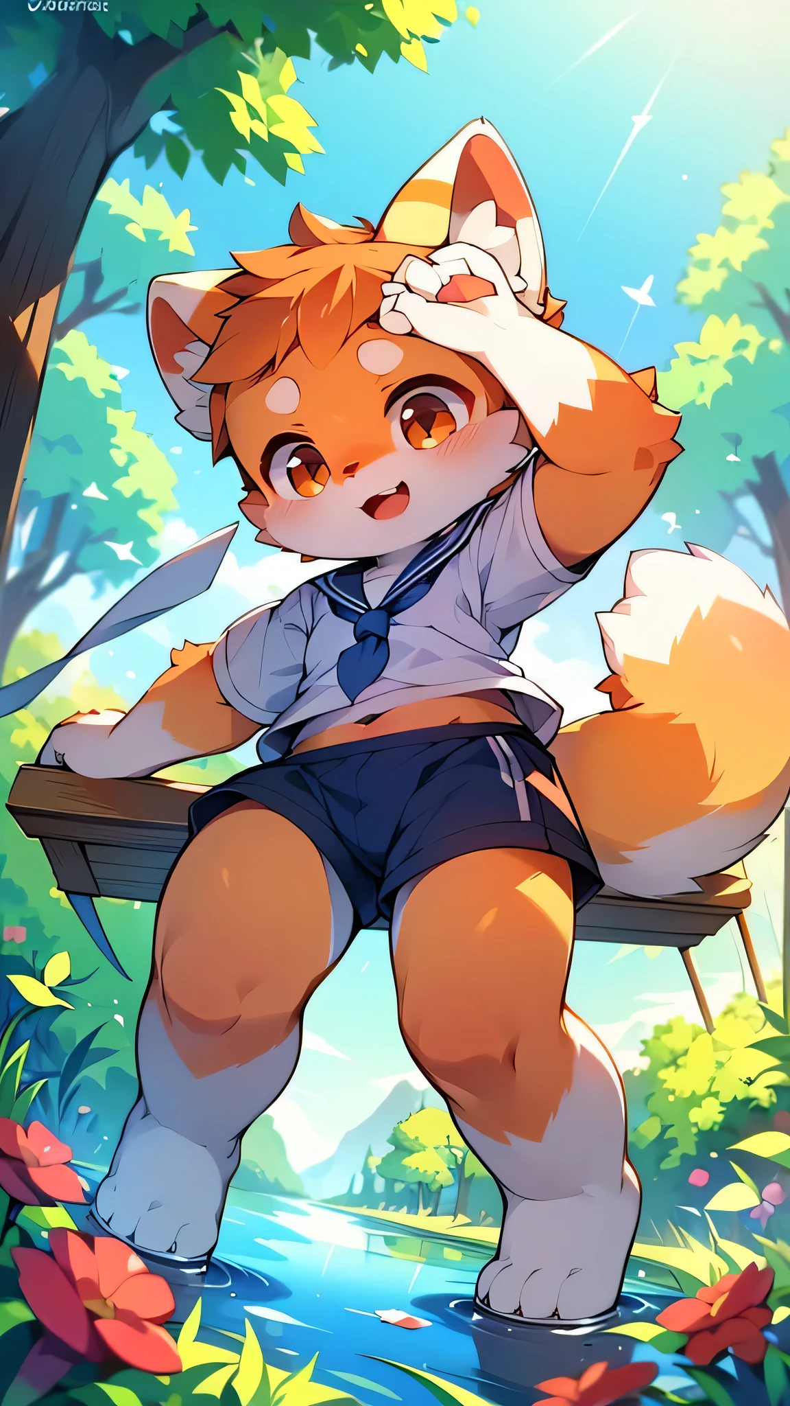 4K quality，High resolution， Female Red Panda, Ocean,      
Appeared wearing a sailor uniform!  Sitting,fly in the sky，                           Two legs，Stand on your feet，