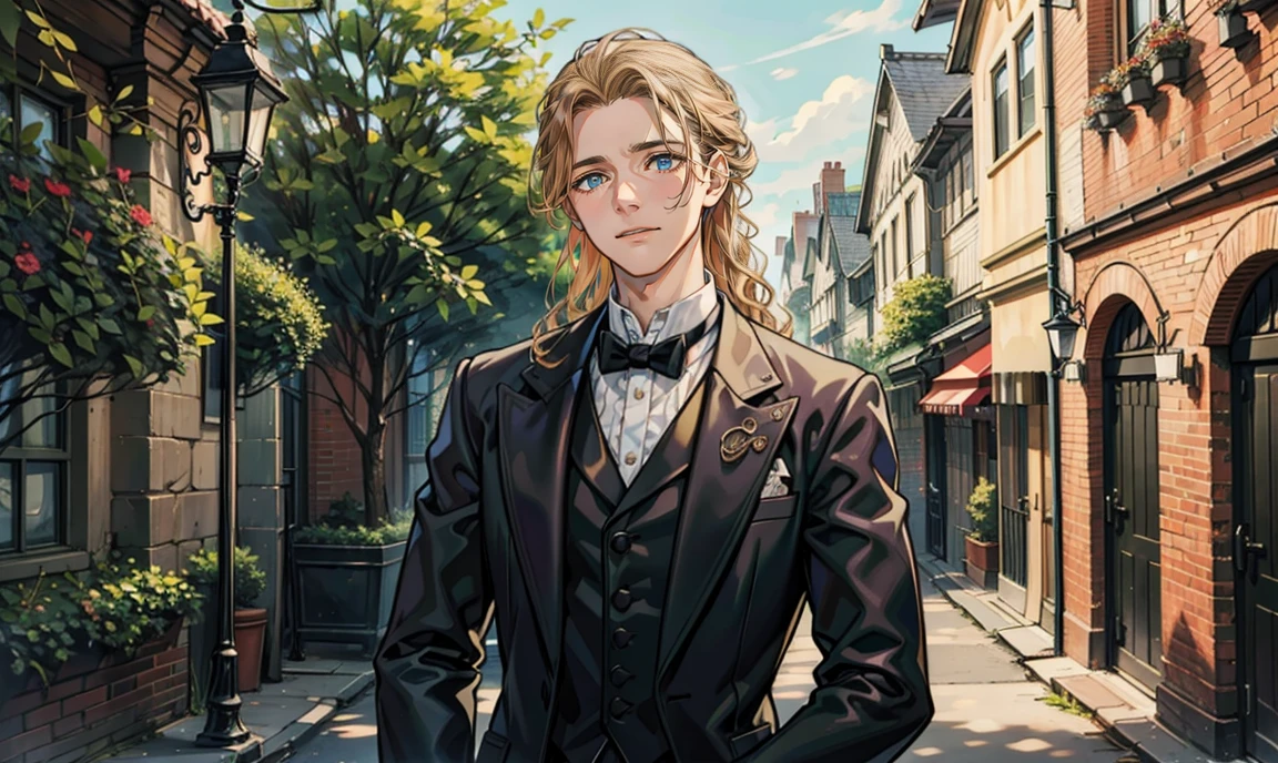 (masterpiece, best quality), 1 male, 26 years old:1.4, tall slender guy, finely detailed eyes and detailed face and detailed clothing, intricate details, realistic, very handsome, curly long blond hair:1.7, dark eyes:1.4, romantic beautiful face:1.5, professionally-dressed in a Victorian-era men's clothes:1.4, teacher:1.4, flustered, Has a disarmed expression on his face:1.7, looking at viewer:1.5, standing outside a secondary-school building, surrounded by trees.