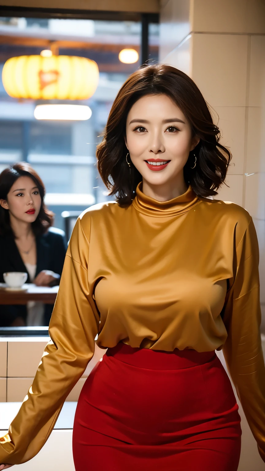 masterpiece, top quality , realistic , Super details, Details, High Definition , 8k wallpaper, one beautiful woman, (from front:1.2)、Woman working at CAFE 、 slender figure、wife、50 years old、 realistic facial wrinkles:1.4、 elegant pixie cut hair、 brown hair , sharp concentration, beautiful face、 Attention to beautiful details, Thin Hair, Realistic beautiful skin texture with details, smile, portrait, Passport Photo、 full face、 natural makeup 、 Shiny Dark Red Lips 、Thick lips、Teacher-like costume 、 long-sleeved T-shirt 、 pencil skirt 、 walking inside CAFE 、 cowboy shot、