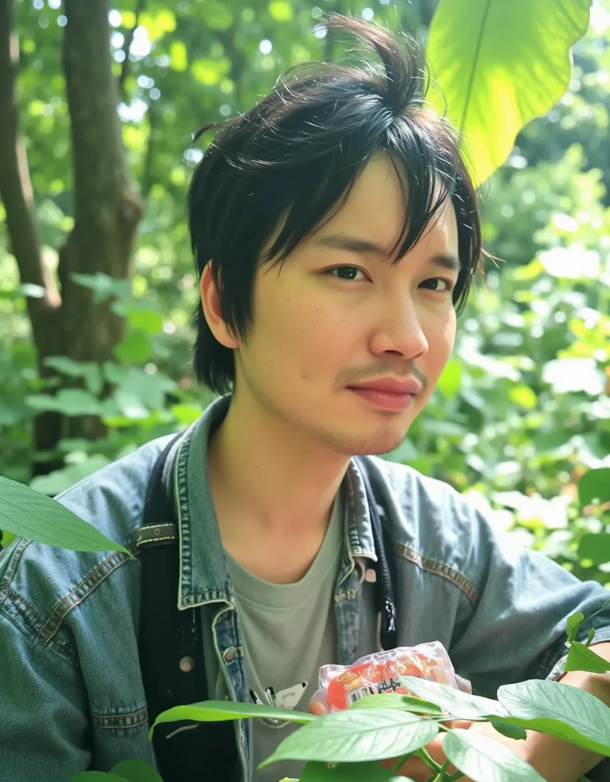 ((anime style)), Male Model,  casual outfit , forest,  natural light,  kind expression,  hair swaying like the wind , Green background,  relaxed atmosphere , Outdoor Shot, Natural body