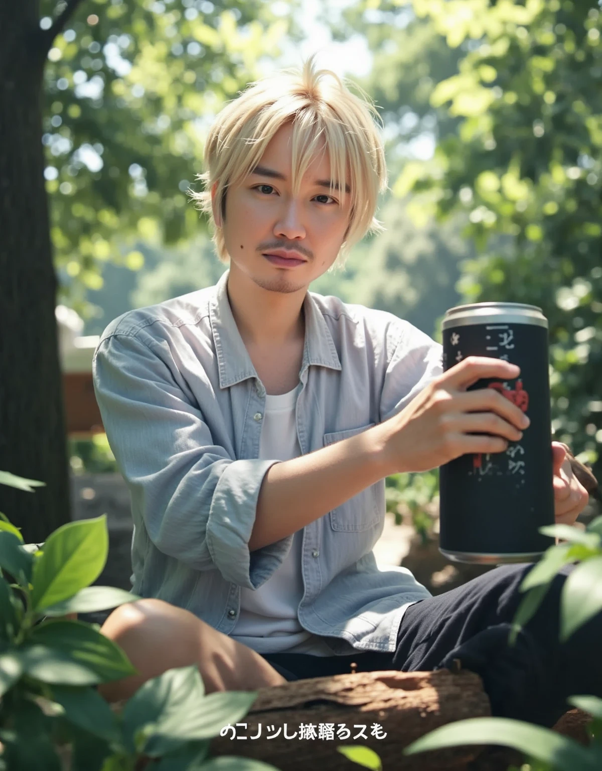 ((anime style)), Male Model,  casual outfit , forest,  natural light,  kind expression,  hair swaying like the wind , Green background,  relaxed atmosphere , Outdoor Shot, Natural body