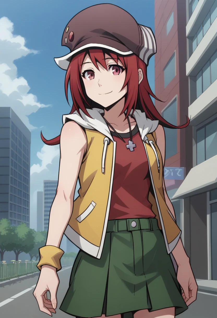 score_9, score_8_up, score_7_up, source_anime, highly detailed,  
shikimisaki, 1girl, solo, hat,  cabbie hat, red hair, red eyes, jacket, yellow jacket, sleeveless jacket, open jacket, open clothes, red shirt, wristband, yellow wristband, smile, green skirt,
outdoor, street, building, sky, cloud,