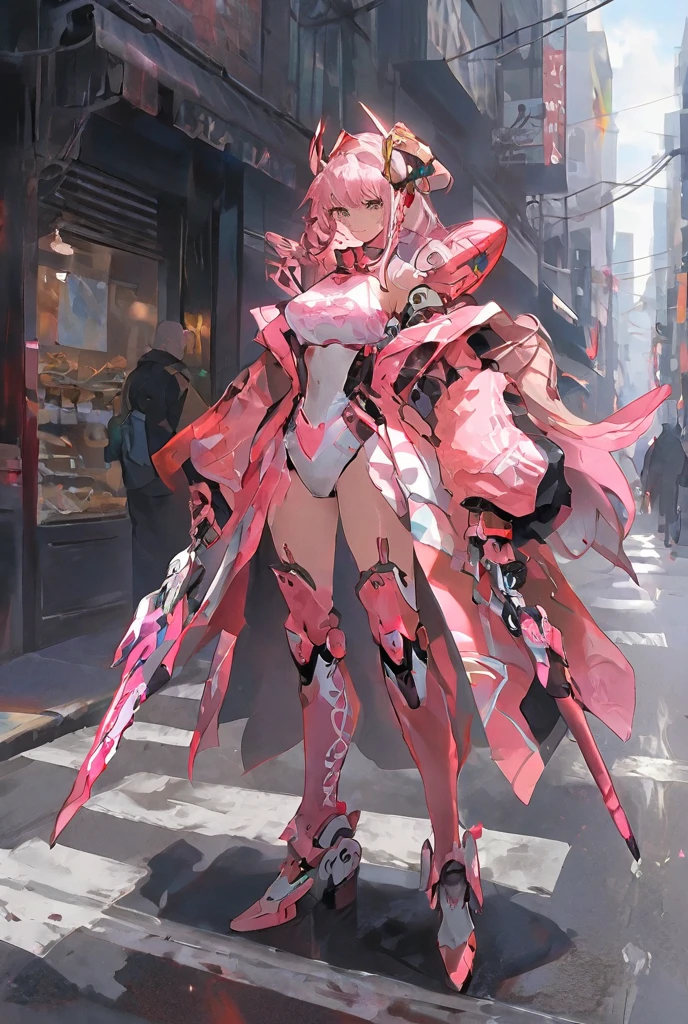 Female robot swordsman，Mechs dressed in futuristic technology，across the street，Whole body diagram，in pink