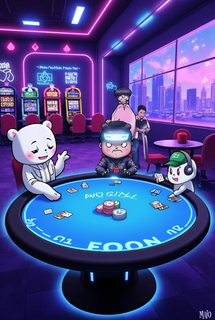 Scene Overview:
A futuristic, vibrant casino setting with a poker table as the central focus. The environment combines neon lighting, playful characters, and a high-tech atmosphere.

Main Scene:

Poker Table:

A round poker table with a sleek, futuristic design.
Glowing neon outlines around the table’s edge.
Cards, poker chips, and small glowing tokens are scattered across the table.
A holographic projection of the table’s name or brand is visible on the surface.
Characters:

Player 1 (Left): A cheerful white cartoon bear with a sleek design. Dressed in a futuristic jacket with glowing accents. The bear is animatedly gesturing with one hand, showing excitement.
Player 2 (Middle): Another white cartoon bear, slightly bulkier, wearing a glowing visor and a high-tech outfit with metallic and neon elements. Holding a stack of chips confidently.
Player 3 (Right): A chubby, panda-like creature with oversized expressive eyes. It looks surprised, holding a pair of cards.
Human Player (Foreground): A young man wearing a green cap with glowing tech-inspired designs and headphones.
Background Elements:

The casino is lit with neon purple and blue hues.
Large holographic projections of card suits (hearts, spades, clubs, diamonds) glow softly on the walls and windows.
Slot machines or high-tech game terminals line the back wall, with animated screens and subtle glowing lights.
A large floor-to-ceiling window in the back reveals a futuristic city skyline, with floating vehicles and glowing advertisements.
Lighting:

The scene is illuminated by soft neon glows in purple, blue, and pink tones.
Subtle reflections on the table and chips enhance the futuristic vibe.
Each character is lit by individual soft glows from their outfits or accessories.
Atmosphere:

A mix of playful and high-tech, with cartoonish characters set against a sleek, modern casino backdrop.
The setting feels dynamic, with the action of the game captured mid-moment.
