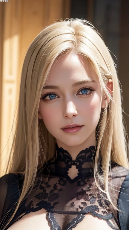 blue eyes, Blonde hair, ponytailed hair, 4K resolution, High quality CG, Beautiful CG, Soft Light, realistic, photo-realistic:1.37),(8k, RAW photo, best quality, masterpiece:1.2), cute, ultra-detailed,physically-based rendering, ultra high res, sharp focus, looking at viewer,photorealistic,realistic, solo, photorealistic, best quality, extremely detailed face,extremely detailed eyes and face, beautiful detailed eyes,absurdres, incredibly absurdres,haunting smile, natural breasts, long breasts, large sagging breasts, shockingly large breasts, large breasts, Puffy areolas, puffy nipples, detailed areolas, plunk areolas, detailed nipples, tight waist , huge stunning goddess shot, leaning forward, ecstatic expression, flushed face, leaning forward, shooting from above