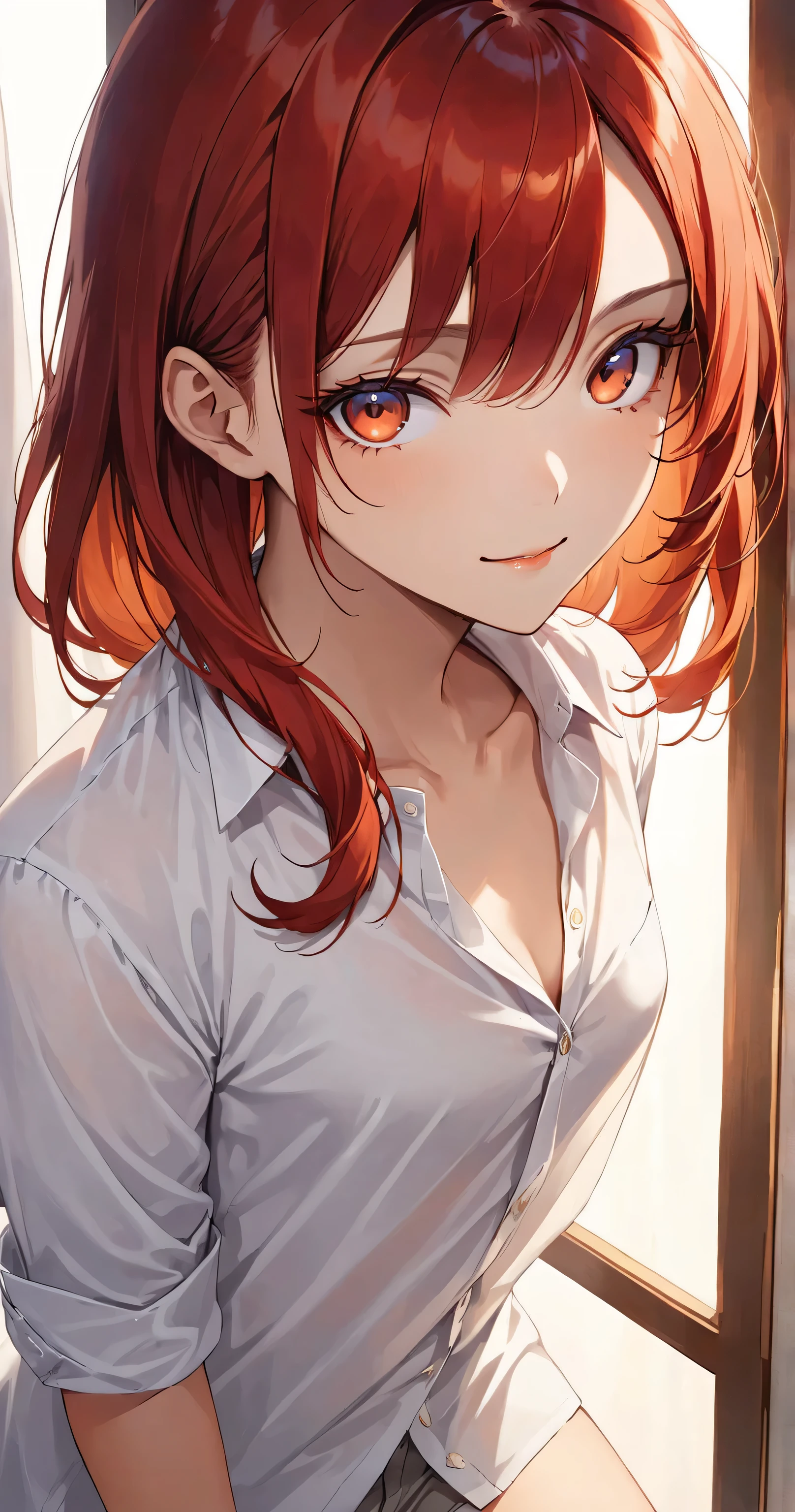 A full-body portrait of a girl in an oversized white shirt, standing in a softly lit room with sunlight streaming through a window. She has medium-length vermilion red hair with soft waves, a gentle yet confident smile, and is looking straight at the viewer. The shirt is slightly unbuttoned with casual folds at the hem, and her sleeves are rolled up for a relaxed yet refined look. She stands barefoot, with a graceful posture, her physique subtly balanced between slender and soft.

Backlit lighting (1.5), soft glow, translucent fabric effect (1.5), subtle body lines visible through shirt in a tasteful way (1.5), dramatic interplay of light and shadow, enhanced silhouette. soft lighting with slight warmth.

Perfect anatomy (1.8), 1girl, masterpiece, best quality, ultra-detailed, 8k resolution, sharp focus, crisp details, vibrant details, 2D anime style, 

Proportionate body with a balanced build, long legs (1.5), eight heads tall,  harmonious full-body proportions emphasized.

Mature facial features, elegant face, refined beauty, beautiful face (1.5), detailed face (1.3), long eyelashes (1.1), slant eyes (1.2), 

Oversized white shirt (1.4), rolled-up sleeves, slightly unbuttoned shirt, shirt overhang (1.4), 
Well-Defined Facial Features, 
Looking at viewer, 
bewitching (1.9), gentle smile (1.1), waiting for a kiss (1.3), half-open eyes (1.7), youthful charm, confident yet innocent expression, 
full-body, front view, tighter framing (1.4), Half-open eyes(1.3), long eyelashes(1.1), slant eyes(1.3)

 full bust(1.3), cleavage(1.3),  delicate lace lingerie under dress shirt(1.3),