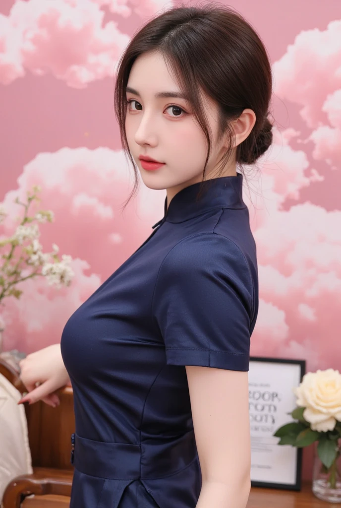 cool beauty, shining glossy silky updo, sexy beauty expression, lewd great body proportion, wearing navy blue ao dai, background world of pink clouds, various effects, 