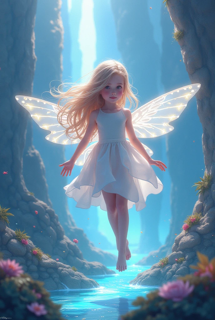 Please create a full-body fairy wrapped in vibrant, radiant lights.. She must have long, wavy white hair.. Your features should be youthful and cheerful. She must have dragonfly wings with soft tones. Your skin should be white and glowing. Your eyes should be blue and tender. She must be wearing a white and blue dress with light and bright colors.. Ela deve estar sorrindo. She must be flying happily in a clear sky and a bright sun. The fairy's pose should be one of joy as if she were playing within the context of the image.. Your artistic skills are crucial to bringing this vivid and radiant work of art to life.