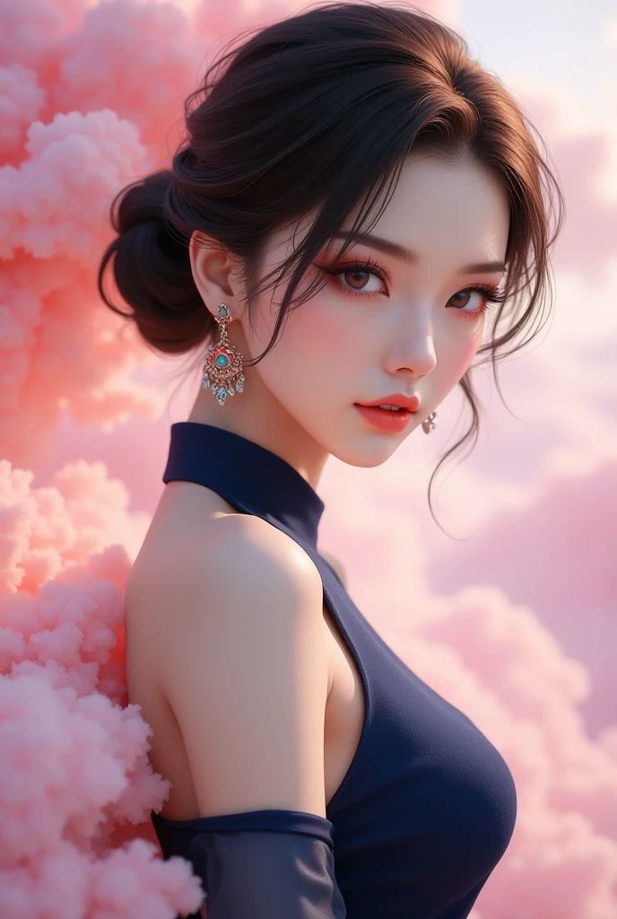 cool beauty, shining glossy silky updo, sexy beauty expression, lewd great body proportion, wearing navy blue ao dai, background world of pink clouds, various effects, 