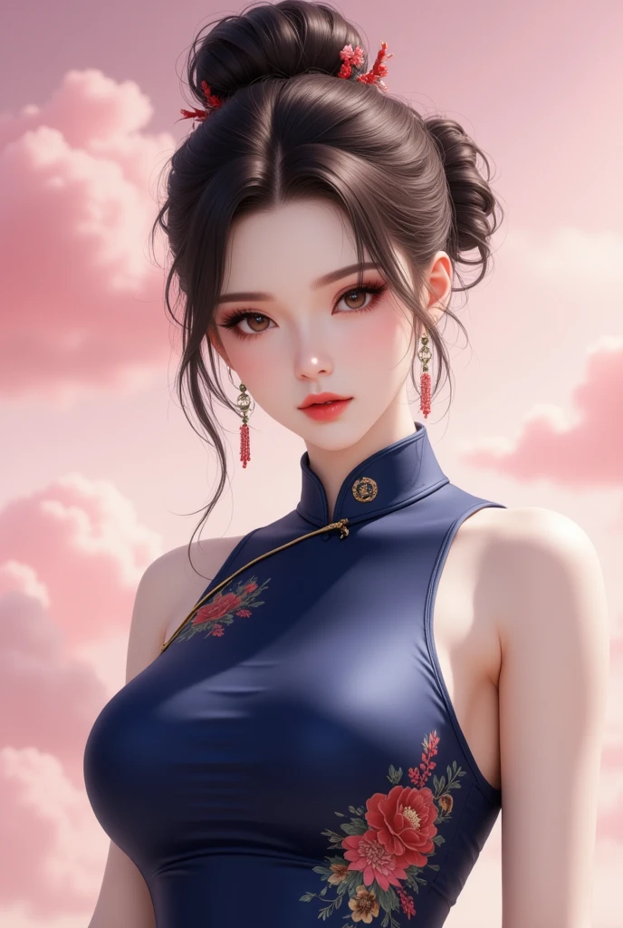 A mesmerizing portrait of a woman in a vibrant Chinese cheongsam, adorned with intricate dragon motifs and a seductive V-neck, evoking the essence of Pu Hua and Tumblr aesthetics.