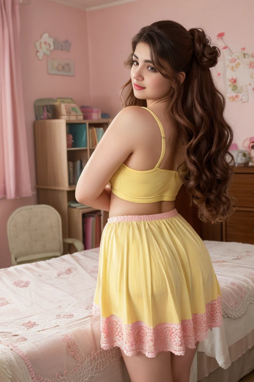 (a girl lifting her skirt to reveal her cat figurine),illustration,playful,cute,beautiful detailed eyes,beautiful detailed lips,long eyelashes,blush on her cheeks,glowing skin,flowing hair,floral patterns on the skirt,bright and vibrant colors,soft lighting,comic style,whimsical,cheerful,artistic,high resolution
