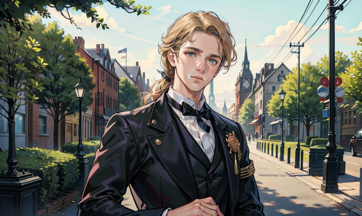 (masterpiece, best quality), 1 male, 26 years old:1.4, tall slender guy, finely detailed eyes and detailed face and detailed clothing, intricate details, realistic, very handsome, curly long blond hair:1.7, dark eyes:1.4, romantic beautiful face:1.5, professionally-dressed in a Victorian-era men's clothes:1.4, teacher:1.4, has a blushing disarmed expression on his face:1.7, looking at viewer:1.5, standing outside a secondary-school building, surrounded by trees.