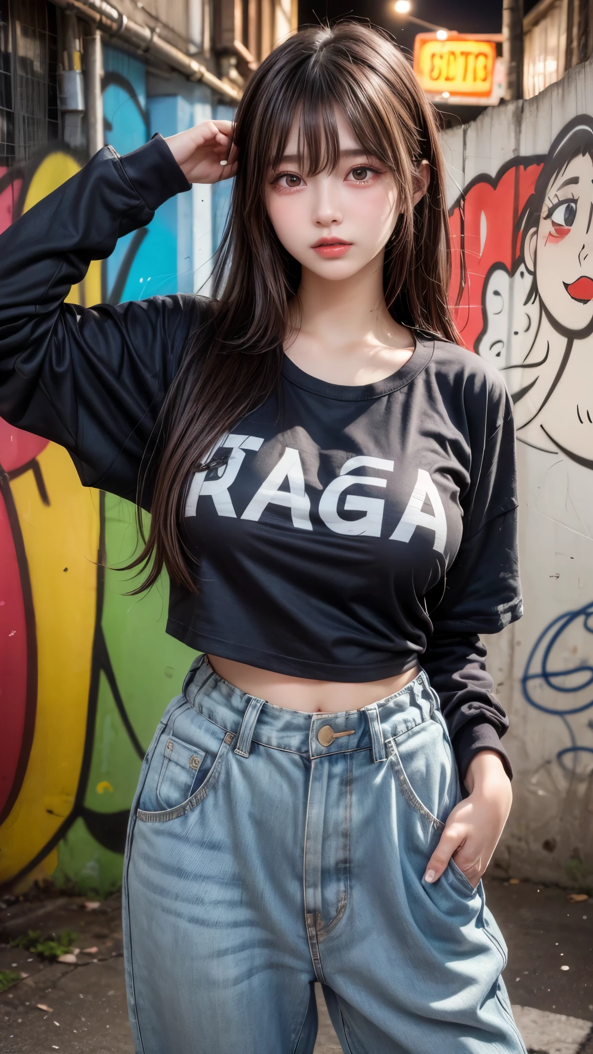 masterpiece, best quality, illustration, Super detailed, fine details, High resolution, 8K,wall paper, perfect dynamic composition,(Details High quality, realistic depiction of eyes:1.3), (Japanese age girl standing in a dirty back alley at night, graffitied wall:1.1), (wearing a tattered and dirty t-shirt.:1.1), Wearing baggy pants, dirty body, short bob hair, black hair color, Big Natural Color Lip, seductive face, provocative look, crying a little、Harajuku style、(graffiti), night time, 20 year old girl、cute type、loliGravure Idol, full body photo、focus on crotch, (huge breasts)