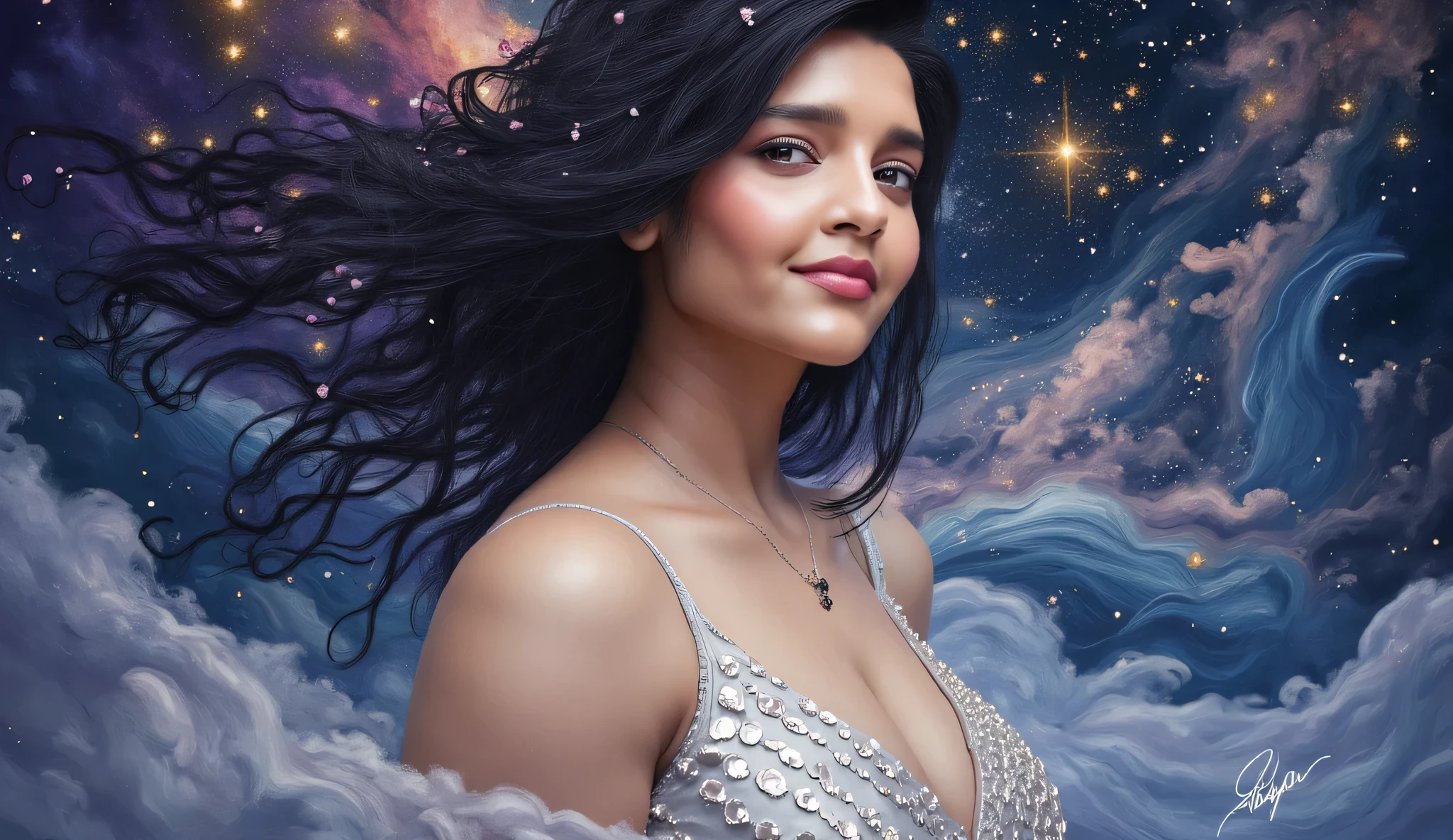 "A woman in a dreamy pose surrounded by a cosmic-inspired background of swirling blues, silvers, and deep purples, reminiscent of a galaxy. The dynamic strokes create a celestial atmosphere, and the 'AI Indie' signature is softly blended into the starry foreground."