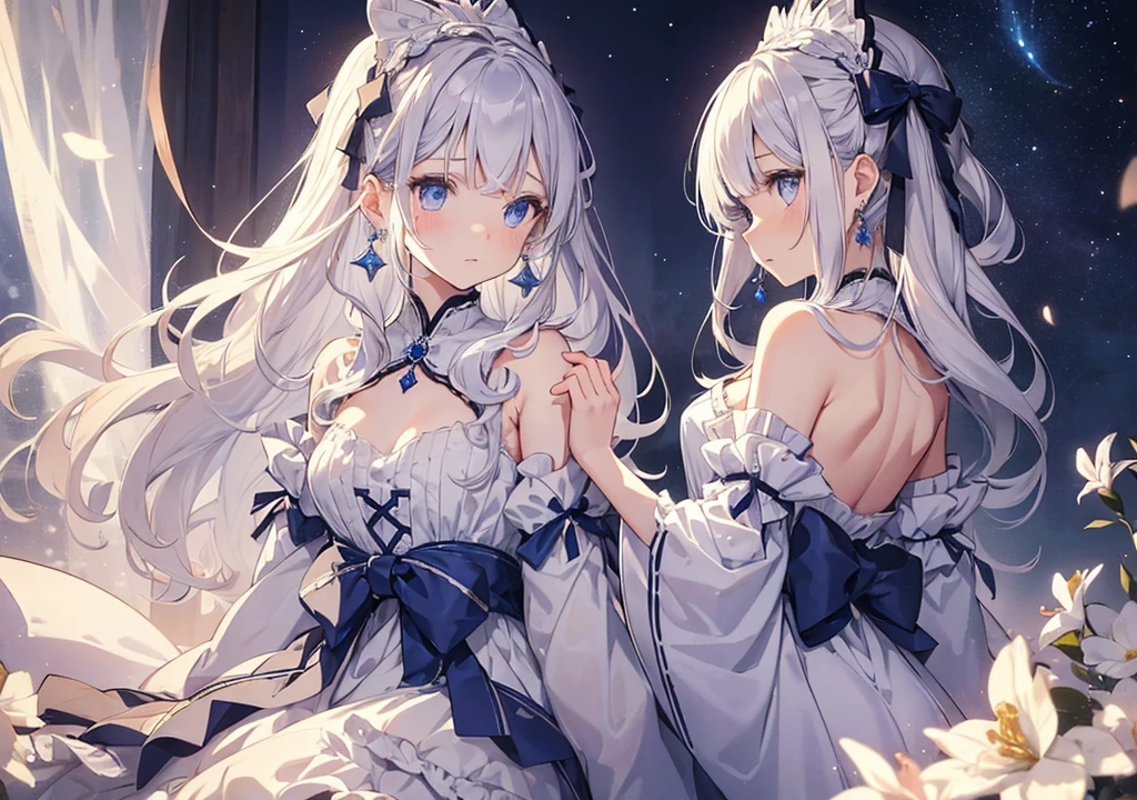 1girls, Looking at Viewer, Hair_ornament, Dress, Bangs, Bare_Shoulders, Blue_Eyes, gradient, oversized sleeves, Puffy sleeves, (White sleeves:1.5), White shirt, White dress, Silver hair, White hair, Chest, Elegance, elegant look, intimate, Delicate, (Smile:0.7) Blurry background, bokeh feeling, Blurry, bloom