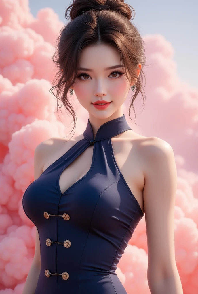 cool beauty, shining glossy silky updo, sexy beauty expression, lewd great body proportion, wearing navy blue ao dai, background world of pink clouds, various effects, 