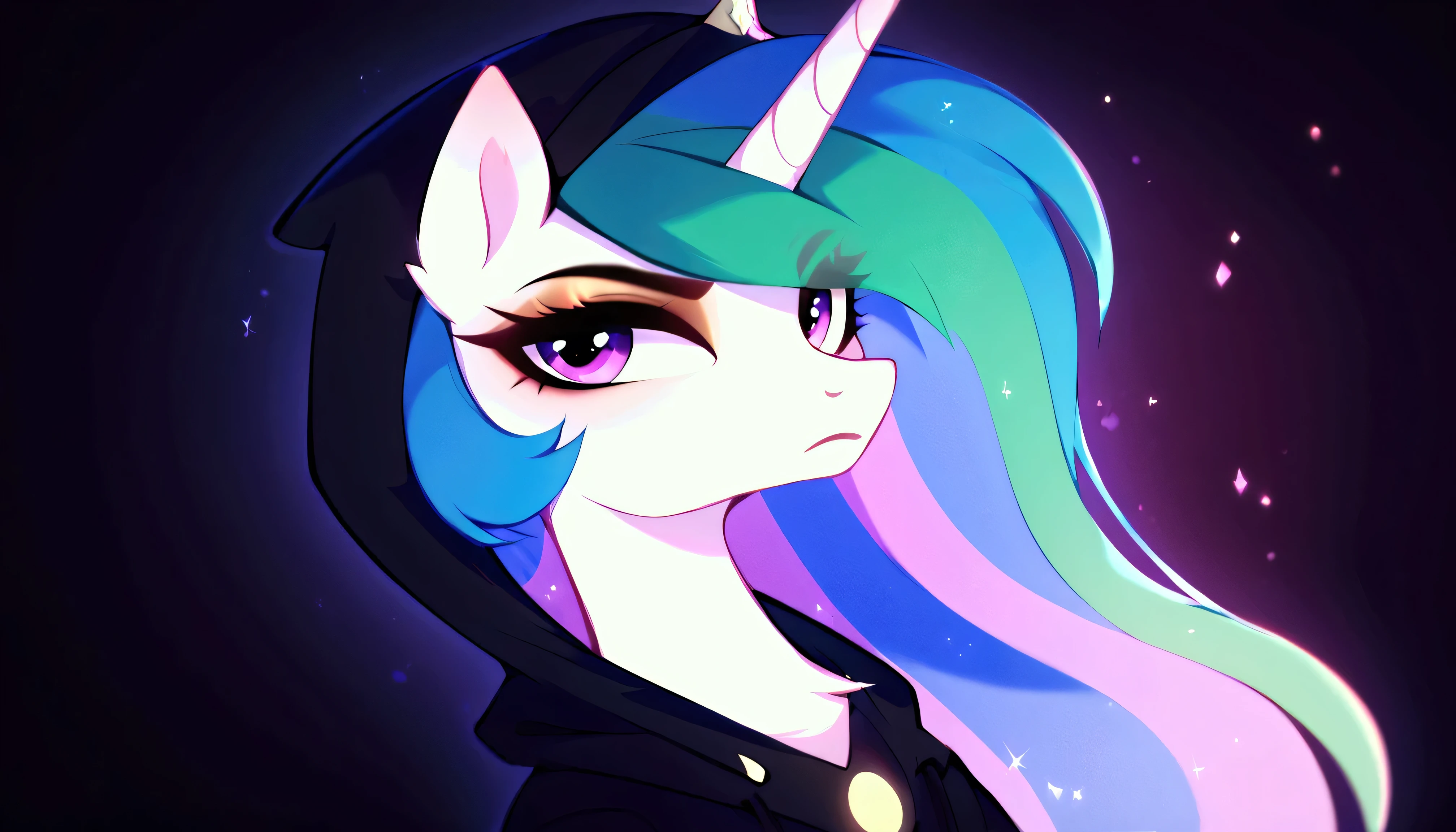 Score_9, Score_8_up, Score_7_up, Score_6_up, a serious unicorn alicorn, gamer of Princess Celestia from My Little Pony, depicted in a dark hoodie playing in a gaming chair looking at a screen where there are numbers that are 2025 with her back turned, where she is playing to the legendary 2D Geometry Dash game. Celestia's mane flows in a wavy pattern of pastel colors, with shades of blue, green, purple, and violet mixing with each other. She has her back to the frame with a neon gaming headset looking at the screen where she plays with a spoiled expression. The stage is a room. full body
